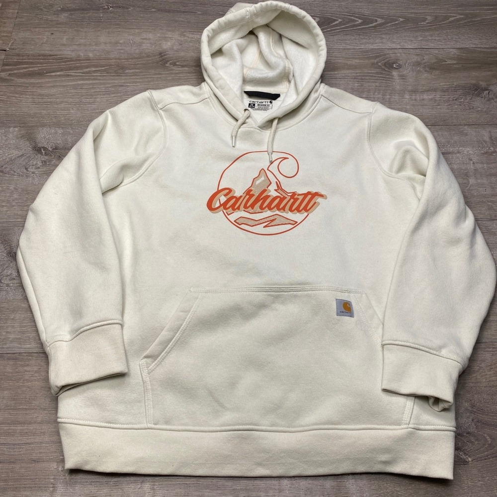 Carhartt Hoodie‎ Womens 2X Cream Graphic Mountain Relaxed Fit Fleece Pullover